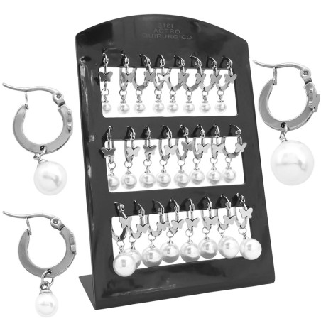 BLISTER X12 PARES ARGOLLA PERLAS DE 3 TAMAÑOS Y MARIPOSA ARO