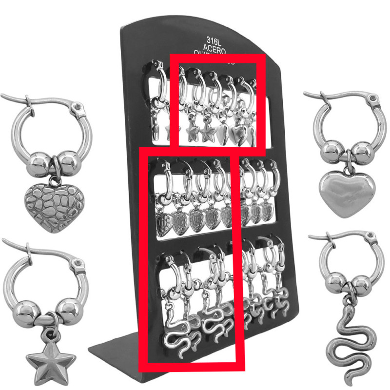 MEDIO BLISTER X6 PARES ARGOLLA C/ DOS BOLITAS ESTRELLA - CORAZON LISO - SERPIENTE - CORAZON RELIEVE ARO