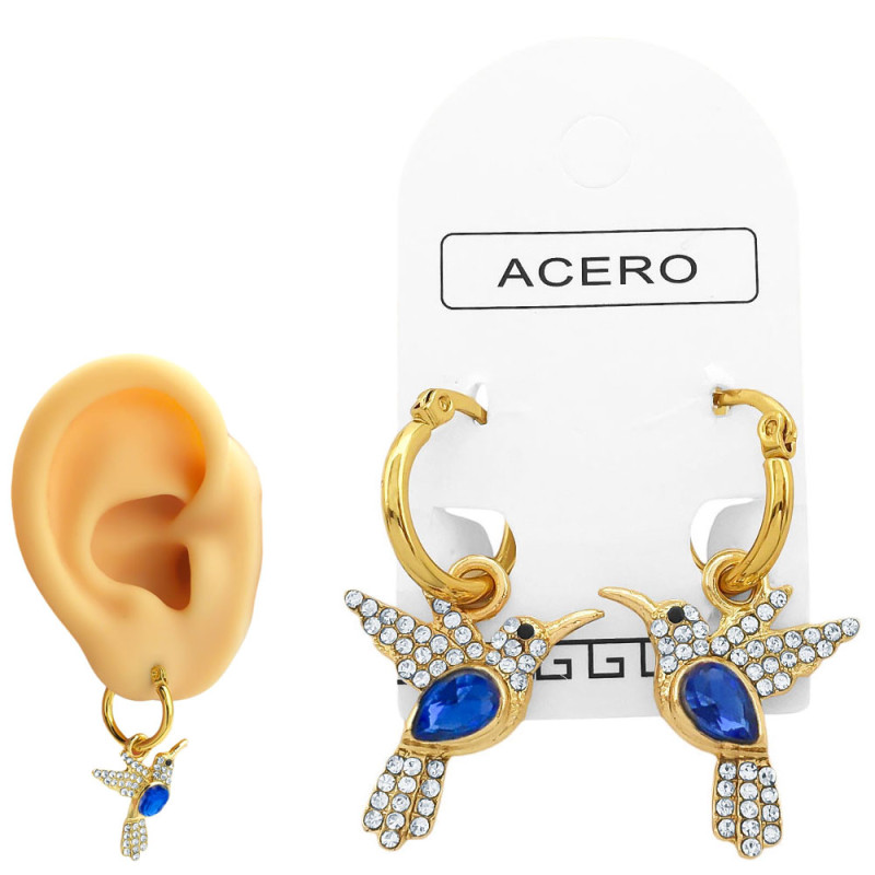 DORADO PAR AZUL PICAFLOR COLIBRI EN ARGOLLA DE 15MM ARO