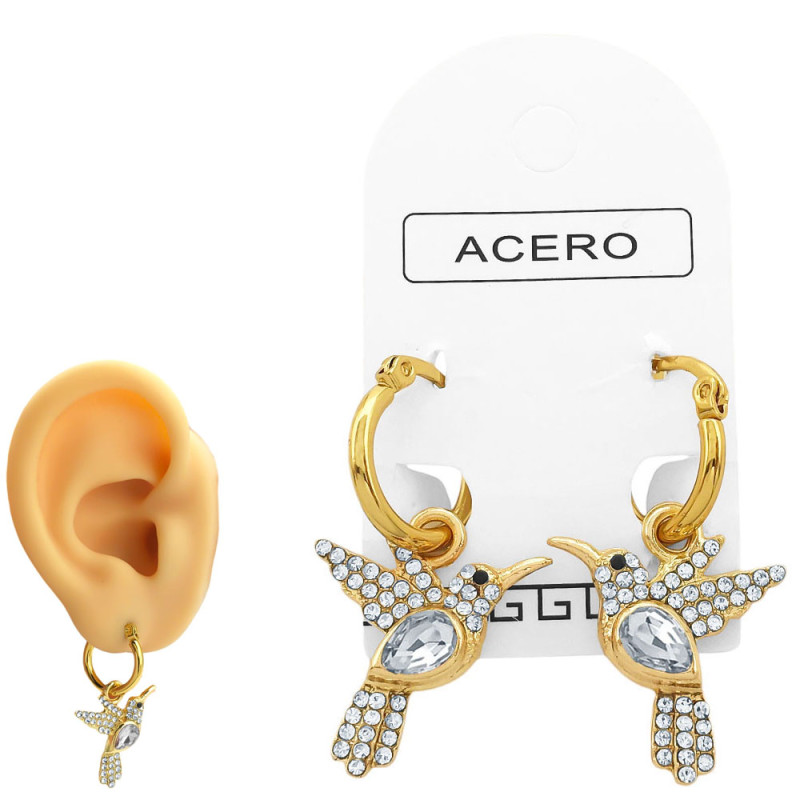 DORADO PAR CRISTAL PICAFLOR COLIBRI EN ARGOLLA DE 15MM ARO