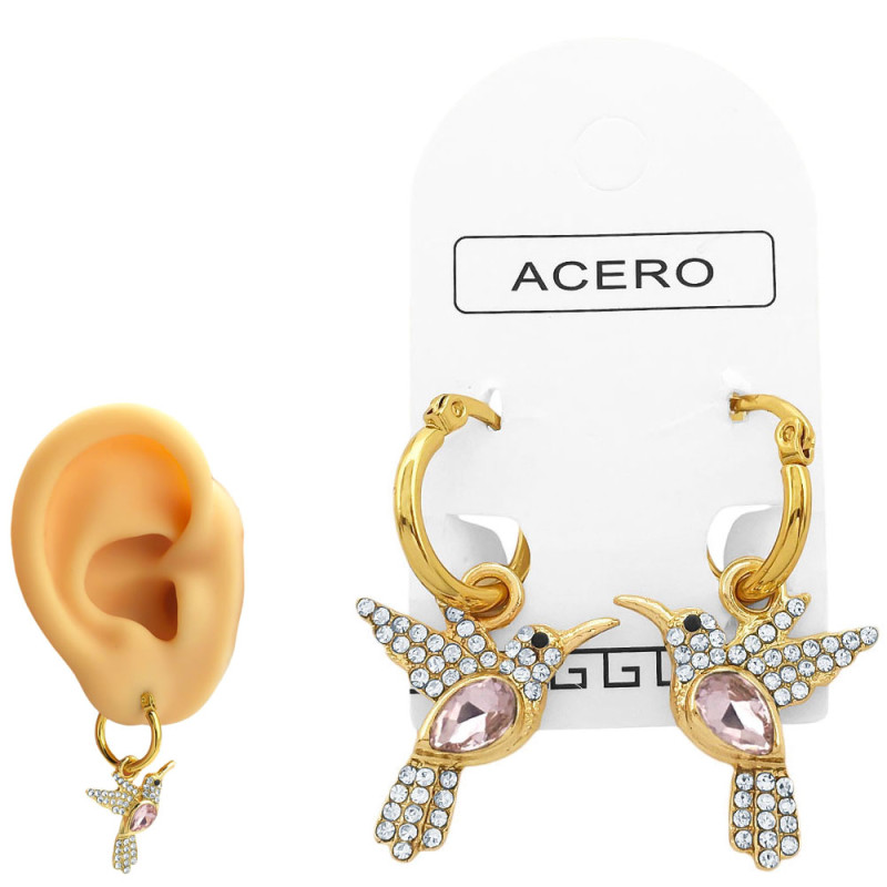 DORADO PAR ROSA PICAFLOR COLIBRI EN ARGOLLA DE 15MM ARO