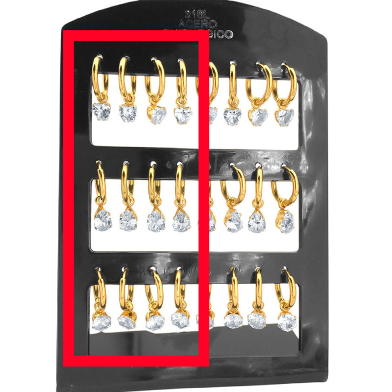 DORADO MEDIO BLISTER X6 PARES BISAGRA C/ CUBIC CORAZON - GOTA - CIRCULO ARO