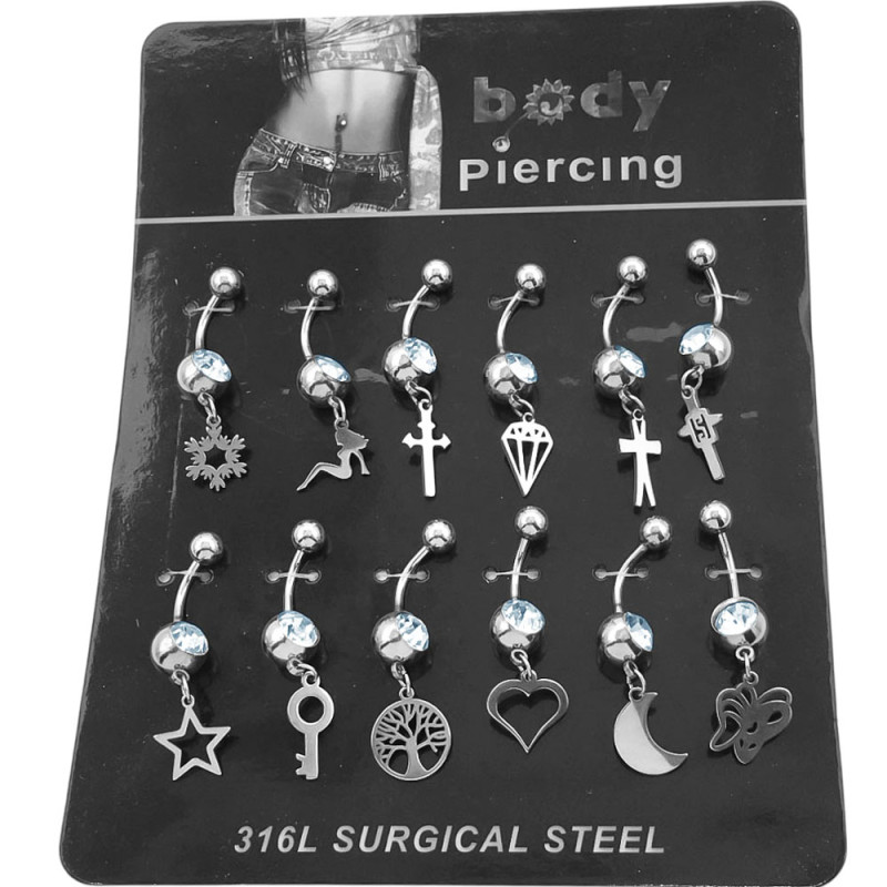 BLISTER x12 VARIANTE:B BOLITAS UNA C/ STRASS Y DIJES LISOS SURTIDOS OMBLIGO CURVO EXTREMOS DISTINTO TAMAÑO PIERCING