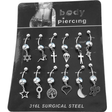 BLISTER x12 VARIANTE:B BOLITAS UNA C/ STRASS Y DIJES LISOS SURTIDOS OMBLIGO CURVO EXTREMOS DISTINTO TAMAÑO PIERCING