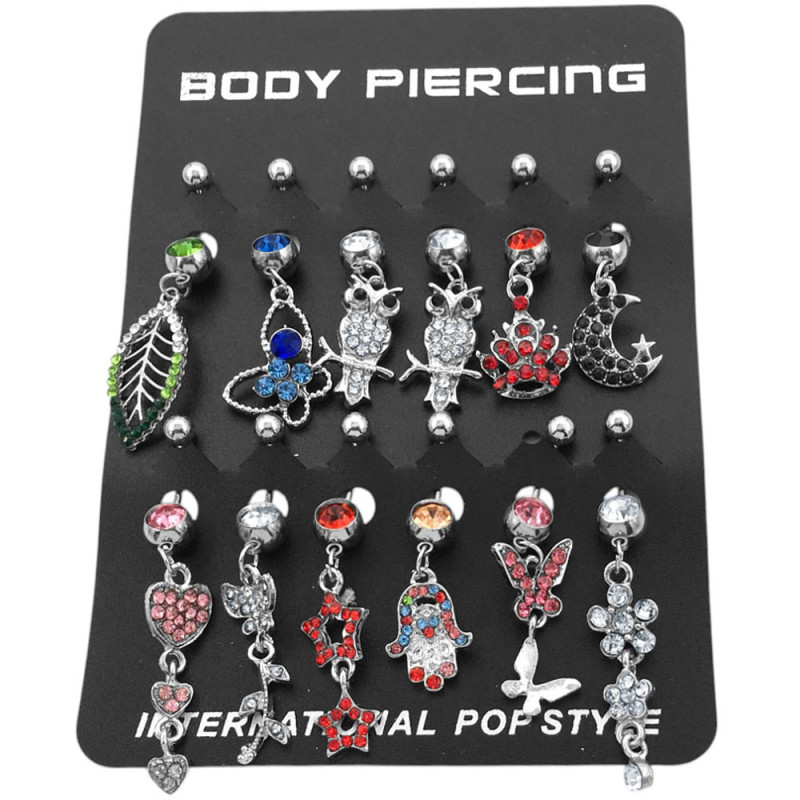 BLISTER x12 BOLITAS DIJES C/ STRASS Y CUBIC SURTIDOS OMBLIGO CURVO EXTREMOS DISTINTO TAMAÑO PIERCING
