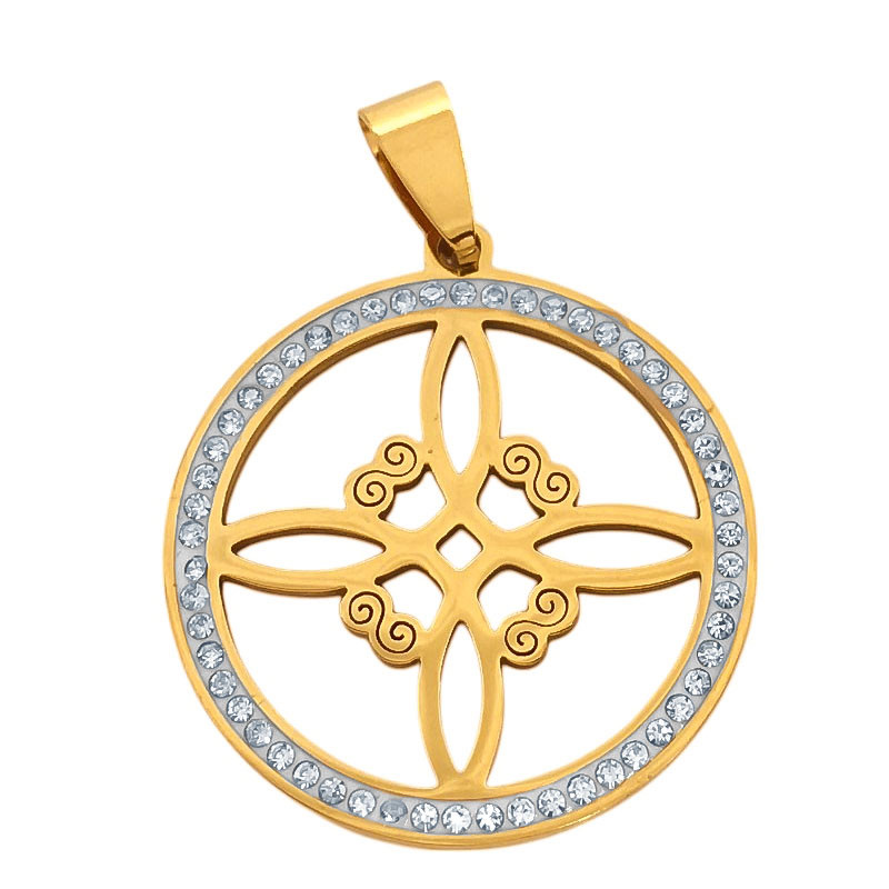 DORADO CIRCULO CONTORNO STRASS Y NUDO DE BRUJA CALADO DIJE