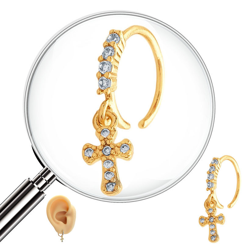 DORADO SEPTUM 12MM ARGOLLITA CRUZ Y BORDE C/ CUBIC DE NARIZ U OREJA PIERCING