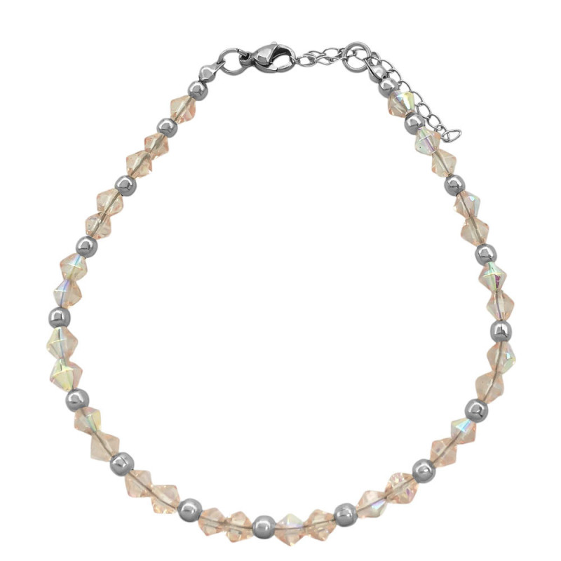 SALMON SUAVE AB TORNASOLADO CRISTAL DOS CONOS FACETADOS 4MM Y BOLITAS 20+4CM PULSERA / TOBILLERA