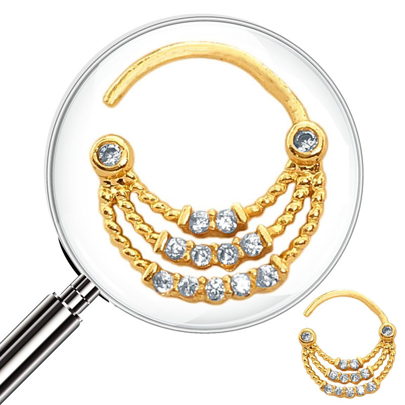 DORADO SEPTUM ARGOLLITA TRIPLE CANASTA C/ CUBIC DE NARIZ U OREJA PIERCING