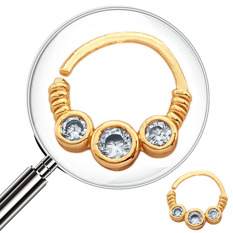DORADO SEPTUM 8MM ARGOLLITA TRES CIRCULOS EN LINEA C/ CUBIC Y SIMIL RESORTE A LOS COSTADOS DE NARIZ U OREJA PIERCING