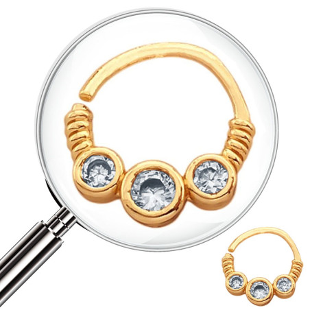 DORADO SEPTUM 8MM ARGOLLITA TRES CIRCULOS EN LINEA C/ CUBIC Y SIMIL RESORTE A LOS COSTADOS DE NARIZ U OREJA PIERCING