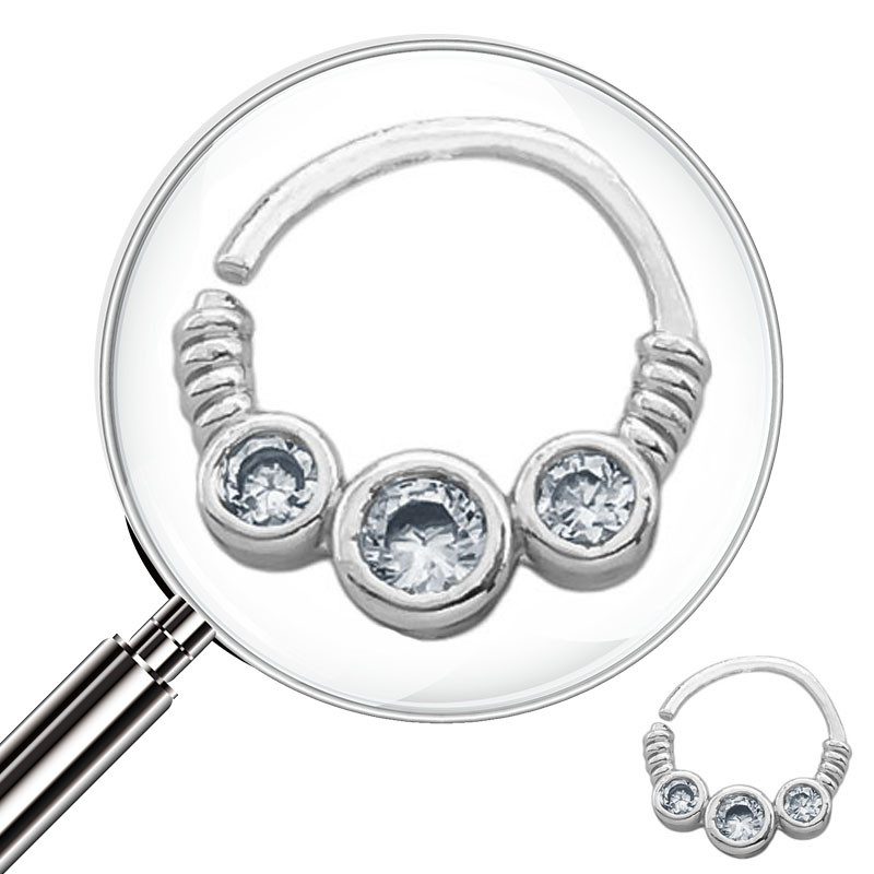 SEPTUM 8MM ARGOLLITA TRES CIRCULOS EN LINEA C/ CUBIC Y SIMIL RESORTE A LOS COSTADOS DE NARIZ U OREJA PIERCING