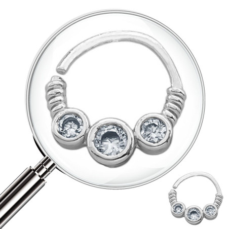 SEPTUM 8MM ARGOLLITA TRES CIRCULOS EN LINEA C/ CUBIC Y SIMIL RESORTE A LOS COSTADOS DE NARIZ U OREJA PIERCING