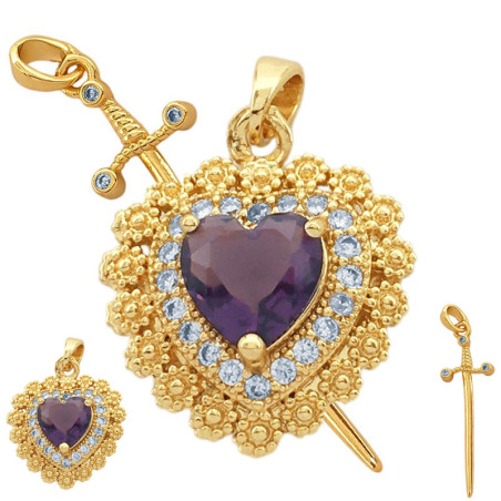 DORADO VIOLETA DIJES CORAZON Y ESPADA CON CUBIC PARA COMPARTIR DIJE