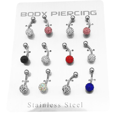 BLISTER x12 10MM DOS BOLITAS UNA GRANDE BOLA DE FUEGO C/ STRASS DE COLORES SURTIDOS OMBLIGO CURVO PIERCING