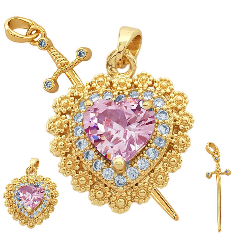 DORADO ROSA CRISTAL DIJES CORAZON Y ESPADA CON CUBIC PARA COMPARTIR DIJE