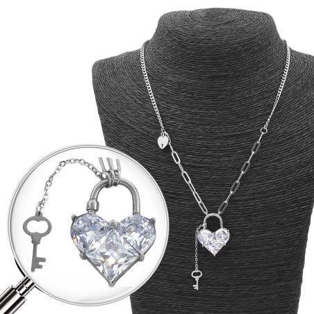 CANDADO CORAZON DE CUBIC ZIRCON FACETADO C/ LLAVE Y CORAZON LISO 45+5CM COLLAR