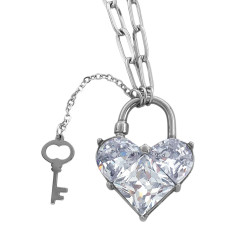 CANDADO CORAZON DE CUBIC ZIRCON FACETADO C/ LLAVE Y CORAZON LISO 45+5CM COLLAR