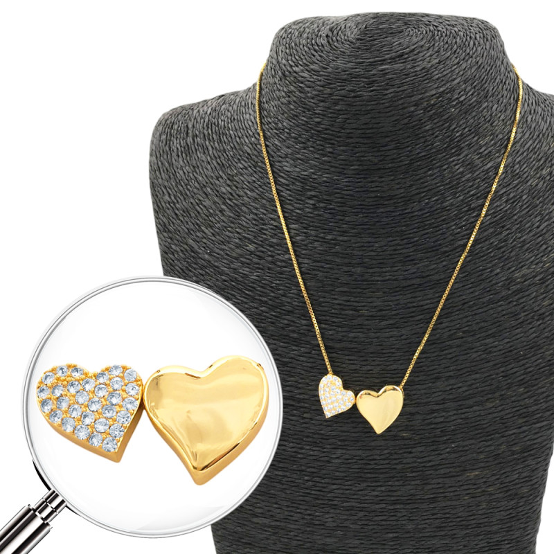 DORADO DOS CORAZONES UNO LISO CHANFLE Y OTRO C/ MUCHOS CUBIC CADENA VENECIANA 45+5CM COLLAR