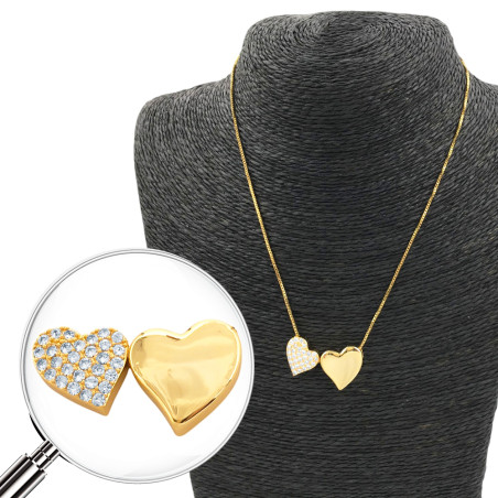 DORADO DOS CORAZONES UNO LISO CHANFLE Y OTRO C/ MUCHOS CUBIC CADENA VENECIANA 45+5CM COLLAR