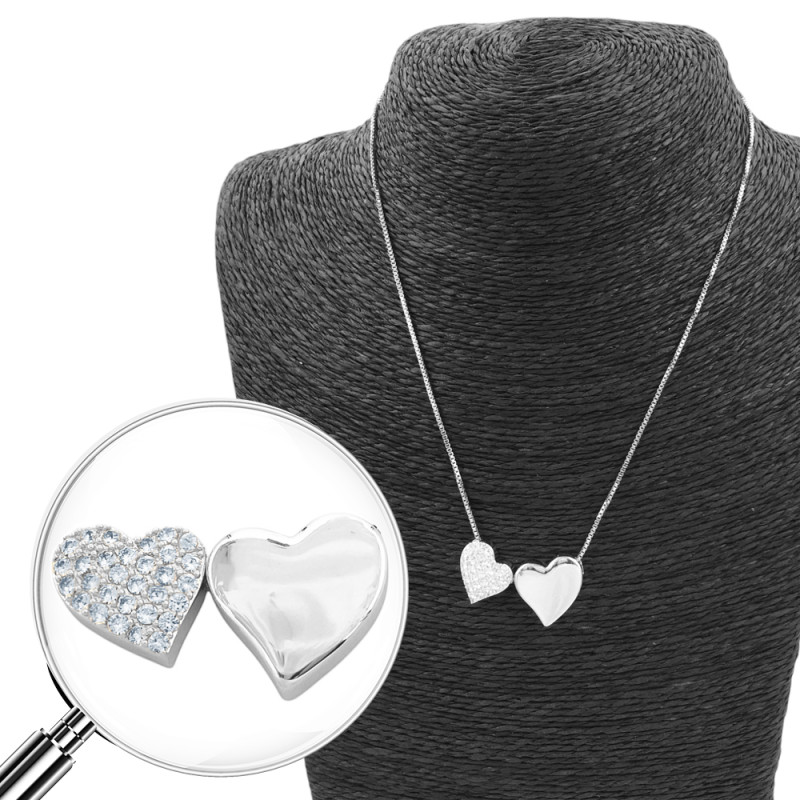 DOS CORAZONES UNO LISO CHANFLE Y OTRO C/ MUCHOS CUBIC CADENA VENECIANA 45+5CM COLLAR