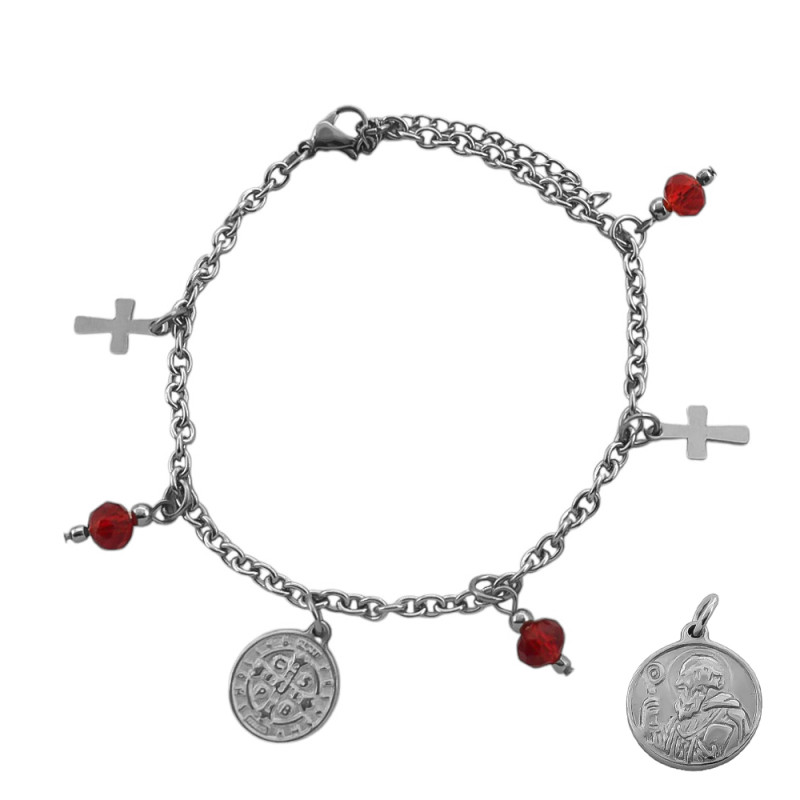 ROJO TRASLUCIDO CRISTAL SAN BENITO Y CRUCES C/CUENTAS BOLITA Y CADENA 18+3CM PULSERA