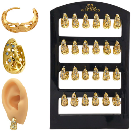 DORADO BLISTER X12 PARES TIPO CANASTA C/ STRASS BISAGRA FANTASIA FINA (BRONCE BAÑADO) ARO