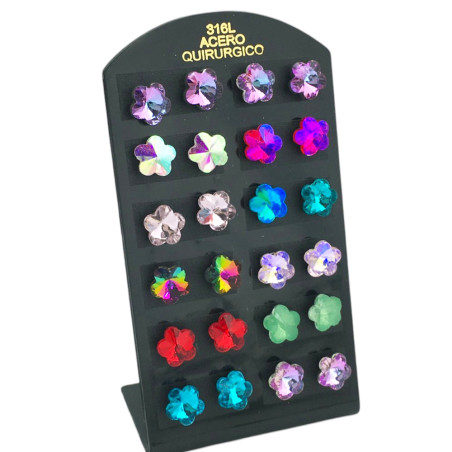 BLISTER x12 PARES FLORES CRISTALES TORNASOLADOS COLORES SURTIDOS AROS