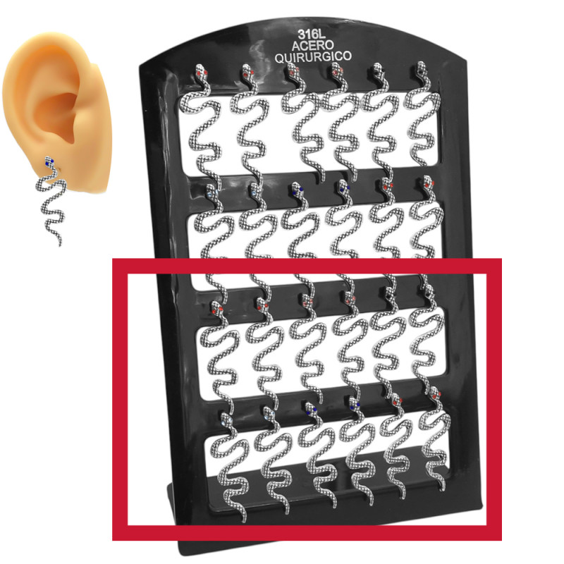 MEDIO BLISTER X6 PARES SERPIENTES LARGAS C/ OJOS DE COLORES SURTIDOS DE STRAS AROS