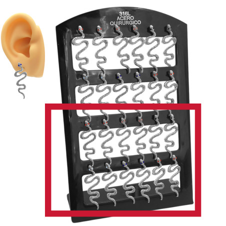 MEDIO BLISTER X6 PARES SERPIENTES LARGAS C/ OJOS DE COLORES SURTIDOS DE STRAS AROS