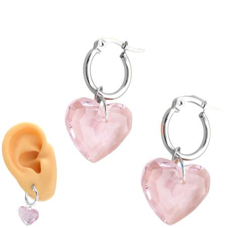 BLANCO REDONDEADO ROSA CRISTAL CORAZON 18MM FACETADO EN ARGOLLA 15MM ARO