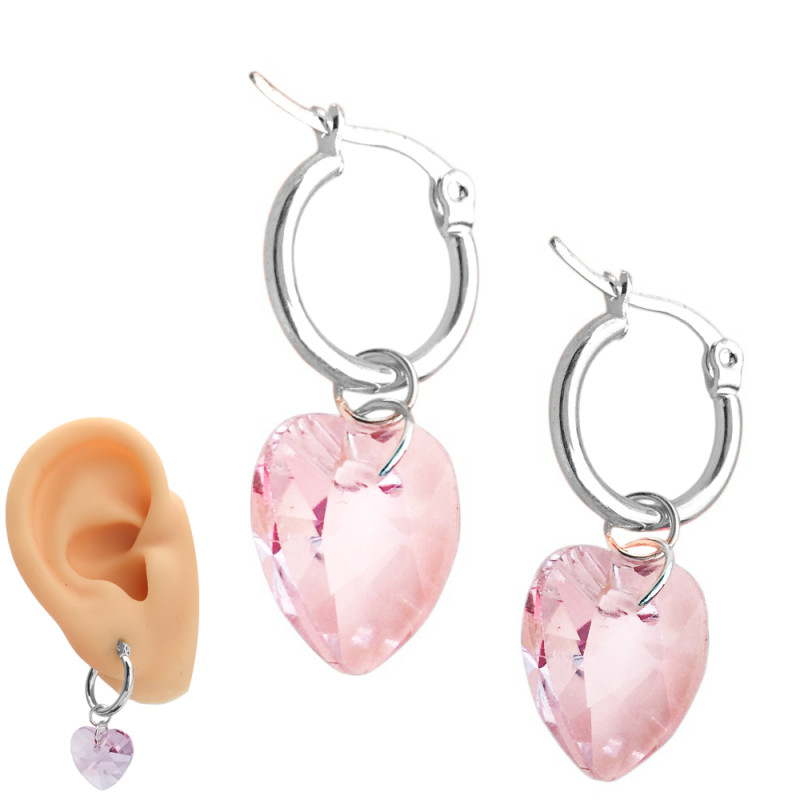 BLANCO EN PUNTA ROSA CRISTAL CORAZON 14MM FACETADO EN ARGOLLA 15MM ARO