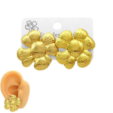 DORADO PAR FLOR GRANDE REDONDEADA RELIEVE CINCO PETALOS ARO