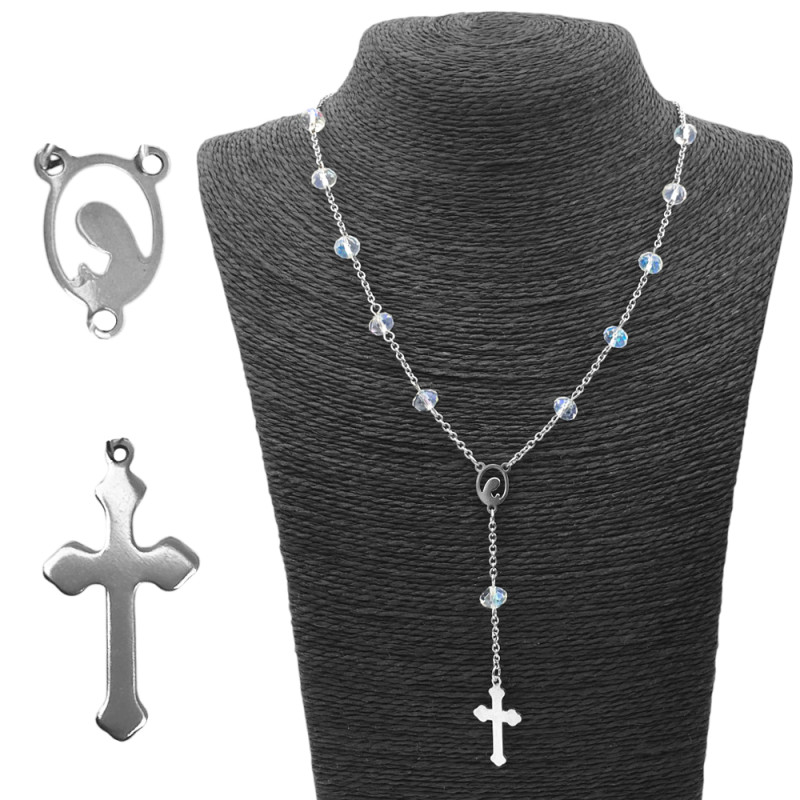 DENARIO 8MM C/ CUENTA CRISTAL AB TORNASOLADO CRUZ LISA Y CENTRO DE LA VIRGEN (UNISEX)