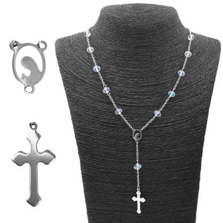 DENARIO 8MM C/ CUENTA CRISTAL AB TORNASOLADO CRUZ LISA Y CENTRO DE LA VIRGEN (UNISEX)