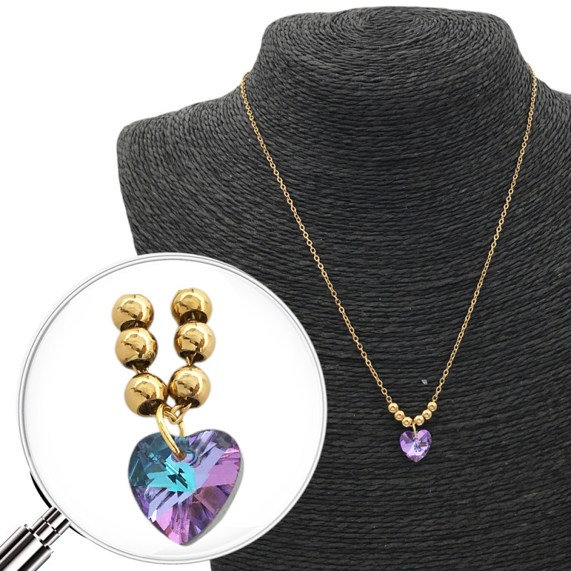 DORADO CORAZON LILA / AZUL TORNASOLADO Y SEIS BOLITAS 45CM COLLAR