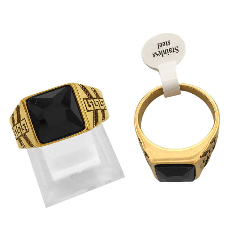 DORADO C/ GUARDA PAMPA Y V LATERAL PIEDRA NEGRA GRANDE FACETADA SELLO HOMBRE ANILLO