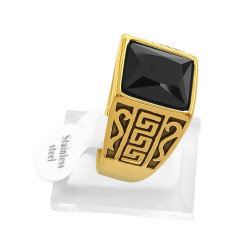 DORADO ANCHO C/ SERPIENTES Y GUARDA PAMPA LATERAL PIEDRA NEGRA GRANDE FACETADA SELLO HOMBRE ANILLO