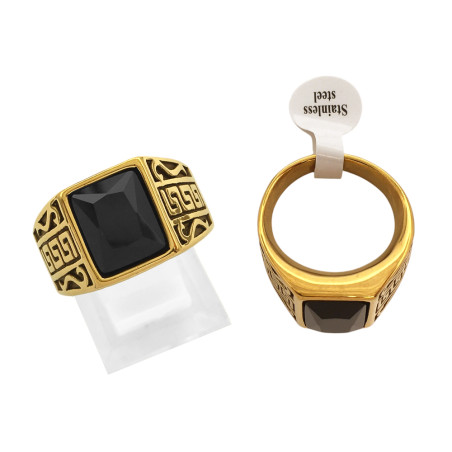 DORADO ANCHO C/ SERPIENTES Y GUARDA PAMPA LATERAL PIEDRA NEGRA GRANDE FACETADA SELLO HOMBRE ANILLO