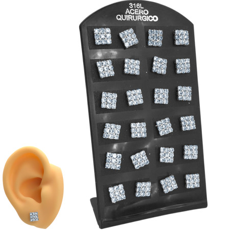 BLISTER x12 PARES CUADRADO 6.6MM C/ 9 STRASS ARO