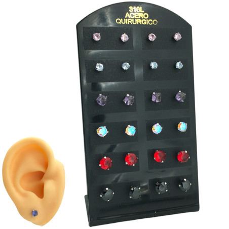 BLISTER X12 PARES ENGARZADOS STRASS SURTIDOS COLOR Y TAMAÑO 3 - 4 - 5MM AROS