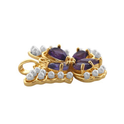 DORADO PREMIUM MARIPOSA PERLAS BLANCAS ENLAS ALAS Y CRISTAL VIOLETA DIJE
