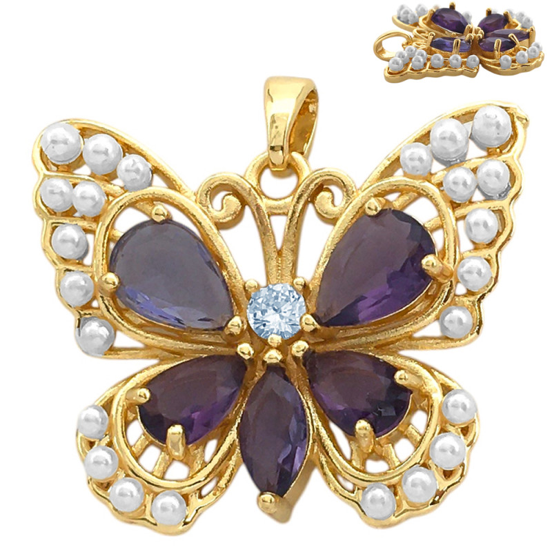 DORADO PREMIUM MARIPOSA PERLAS BLANCAS ENLAS ALAS Y CRISTAL VIOLETA DIJE