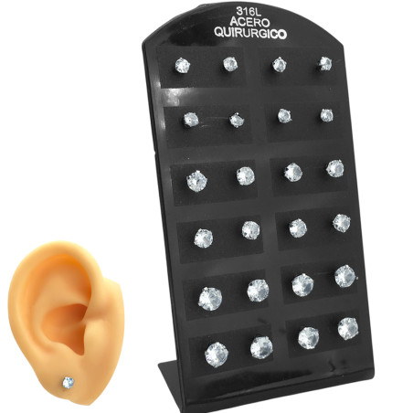 BLISTER X12 PARES ENGARZADOS STRASS CRISTAL TAMAÑO 3 - 4 - 5MM AROS