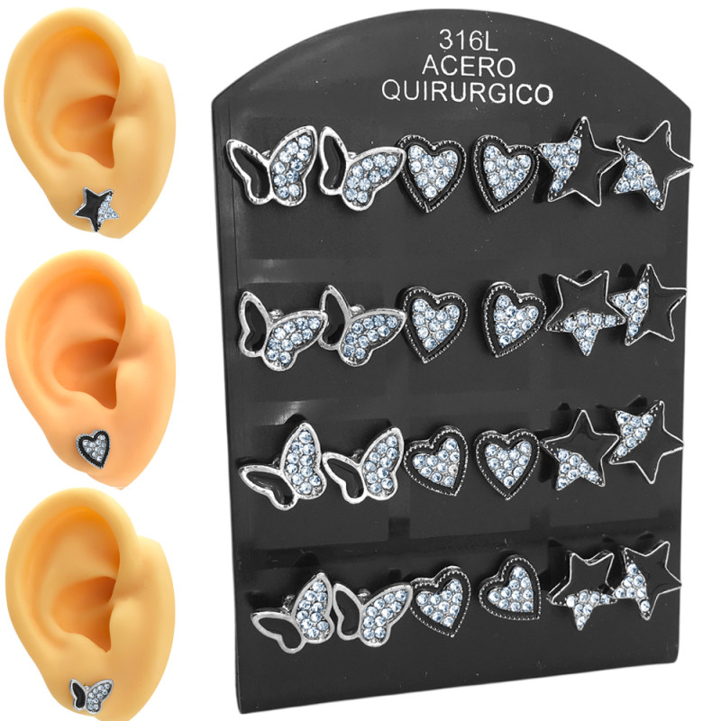 BLISTER x12 PARES ESTRELLA / MARIPOSA / CORAZON BORDE NEGRO E INTERIOR SE VARIOS STRASS ARO