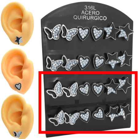 MEDIO BLISTER x6 PARES ESTRELLA / MARIPOSA / CORAZON BORDE NEGRO E INTERIOR SE VARIOS STRASS ARO