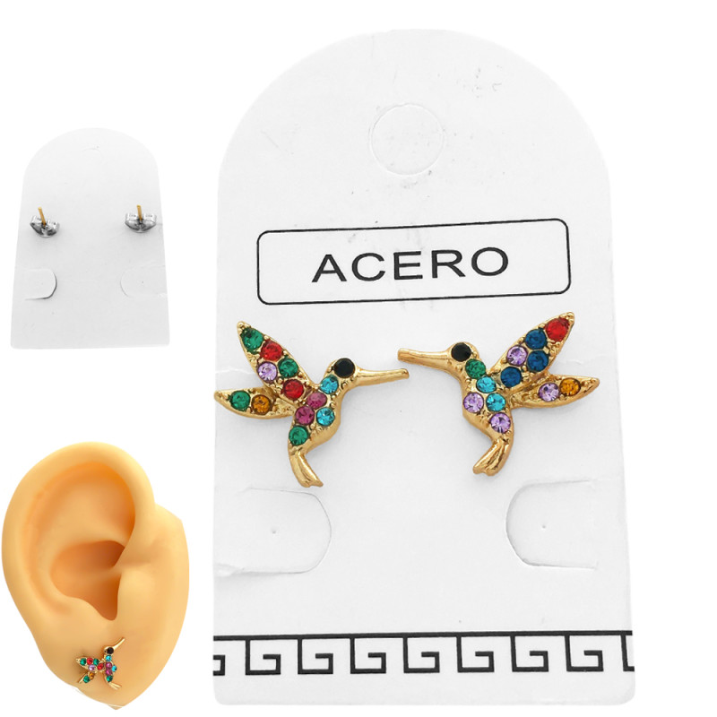 DORADO 1 PAR COLIBRI PICAFLOR C/ STRASS MULTI COLOR Y C/ FRUFRU COLOR ACERO ARO