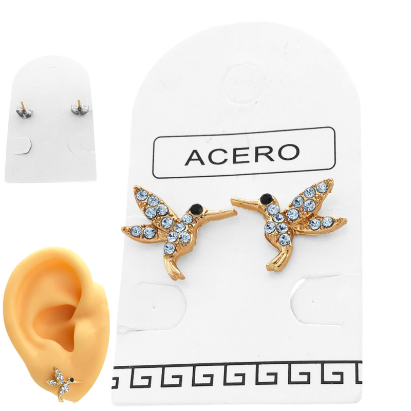 DORADO 1 PAR COLIBRI PICAFLOR C/ STRASS CRISTAL Y C/ FRUFRU COLOR ACERO ARO