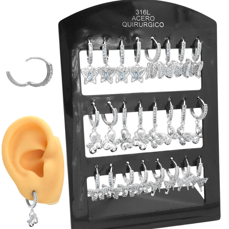 BLANCO BLISTER X12 PARES MARIPOSA C/ CUBIC MICROPAVE 6 MODELOS DISTINTOS EN BISAGRA C/ STRASS 13MM ARO