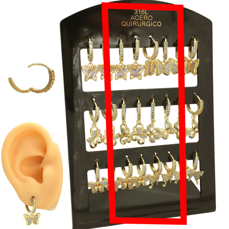 DORADO MEDIO BLISTER X6 PARES MARIPOSA C/ CUBIC MICROPAVE 6 MODELOS DISTINTOS EN BISAGRA C/ STRASS 13MM ARO